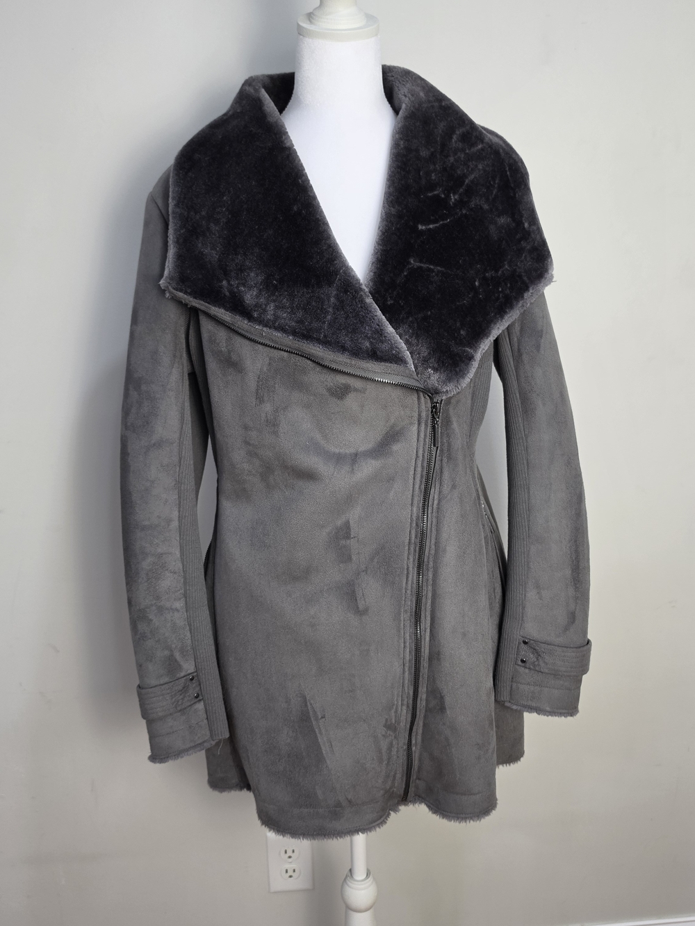 Weatherproof Gray Faux Shearling Asymmetric Zip Jacket